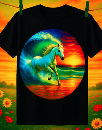 Magical Horse in Wave **Horse Sunset TEE** Bold and colorful design featuring a horse galloping through a radiant sunset. Inspired by nature’s power and beauty. Available in multiple sizes on Amazon.