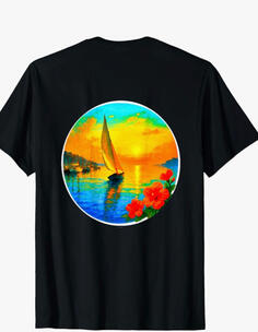 **Sailboat Sunset TEE** A glowing sailboat drifting on calm waters at sunset, surrounded by tropical colors. A design for dreamers, sailors, and ocean wanderers.