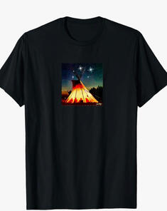 Native American Teepee of the following star, with dwellers within lit up by the fire.