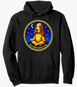 Fun dog Basset hound meditating on sit, breathe, and eat mantra.