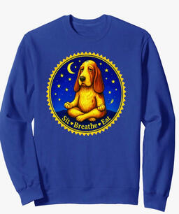 Fun dog Basset hound meditating on sit, breathe, and eat mantra.