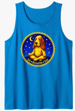 Fun dog Basset hound meditating on sit, breathe, and eat mantra.