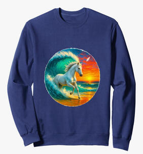 Horse surfing in magical wave with sunset