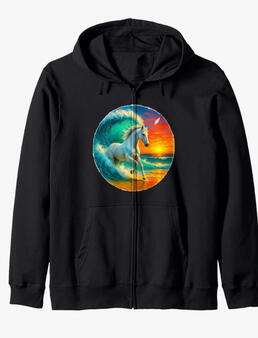 Horse surfing in magical wave with sunset