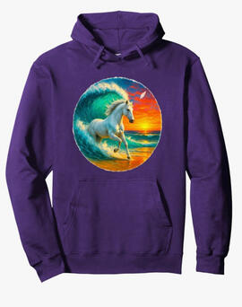 Horse surfing in magical wave with sunset