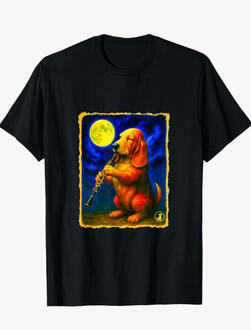 Funny dog musician, clarinet playing Basset hound